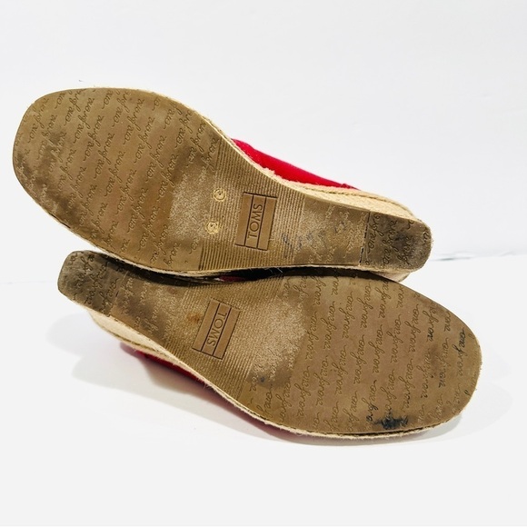 TOMS Classic Red Canvas Wedge Espadrille Peep Toe Shoes Sandals - Picture 8 of 9